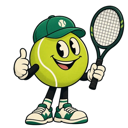 Ace, das Maskottchen der App: ein Tennisball mit Kappe, Schläger und erhobenem Daumen.