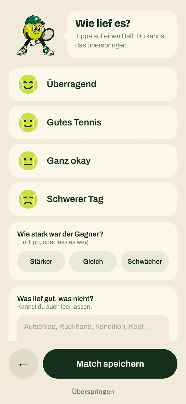 Auswahl des Gefühls nach dem Match: Überragend, Gutes Tennis, Ganz okay, Schwerer Tag.