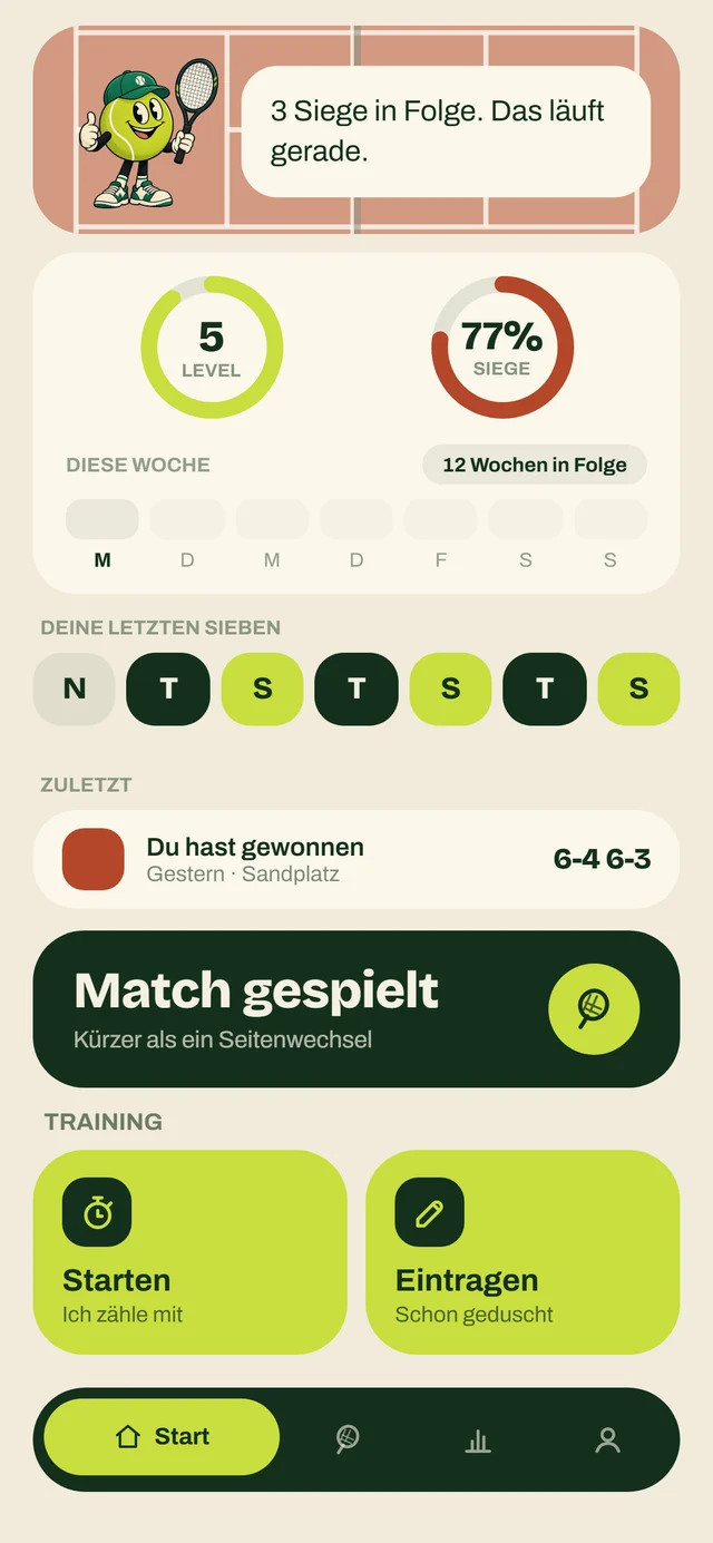 Startbildschirm der App: Ace in einer Sprechblase, Ringe für Level und Siegquote, die letzten sieben Einträge und die Knöpfe für Match und Training.