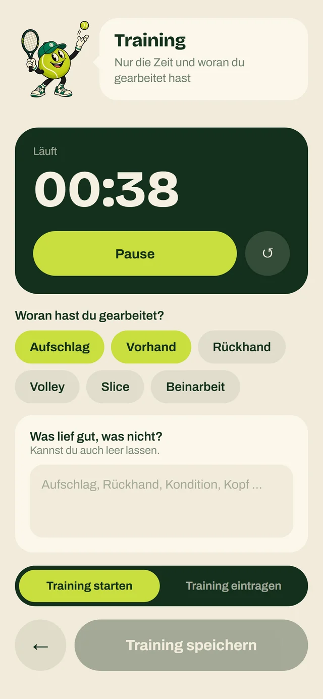 Laufende Trainingsuhr bei 00:38 mit ausgewählten Schlägen Aufschlag und Vorhand.