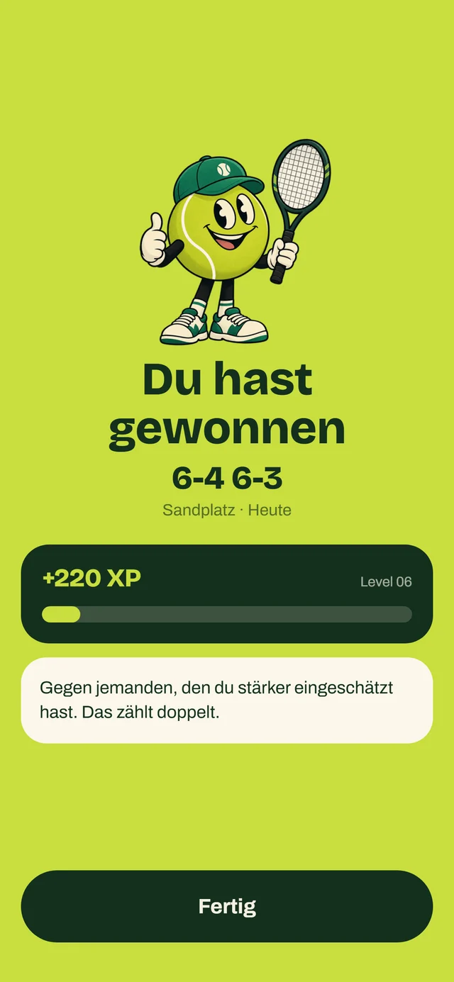 Ergebnisbildschirm: Du hast gewonnen, 6-4 6-3, plus 220 XP, Level 06.