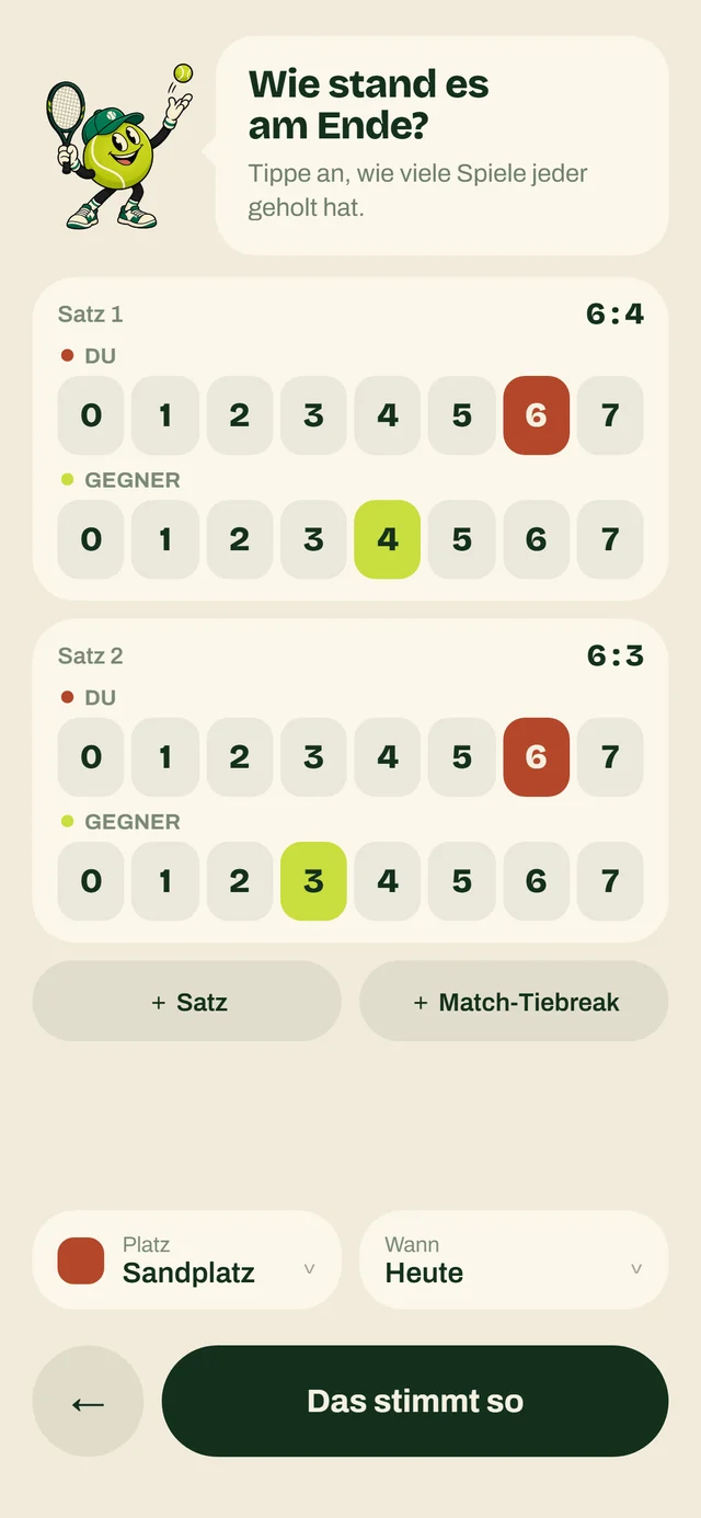 Score-Bildschirm: zwei Zahlenreihen pro Satz, 6 und 4 sind angetippt, oben rechts steht das Ergebnis 6:4.